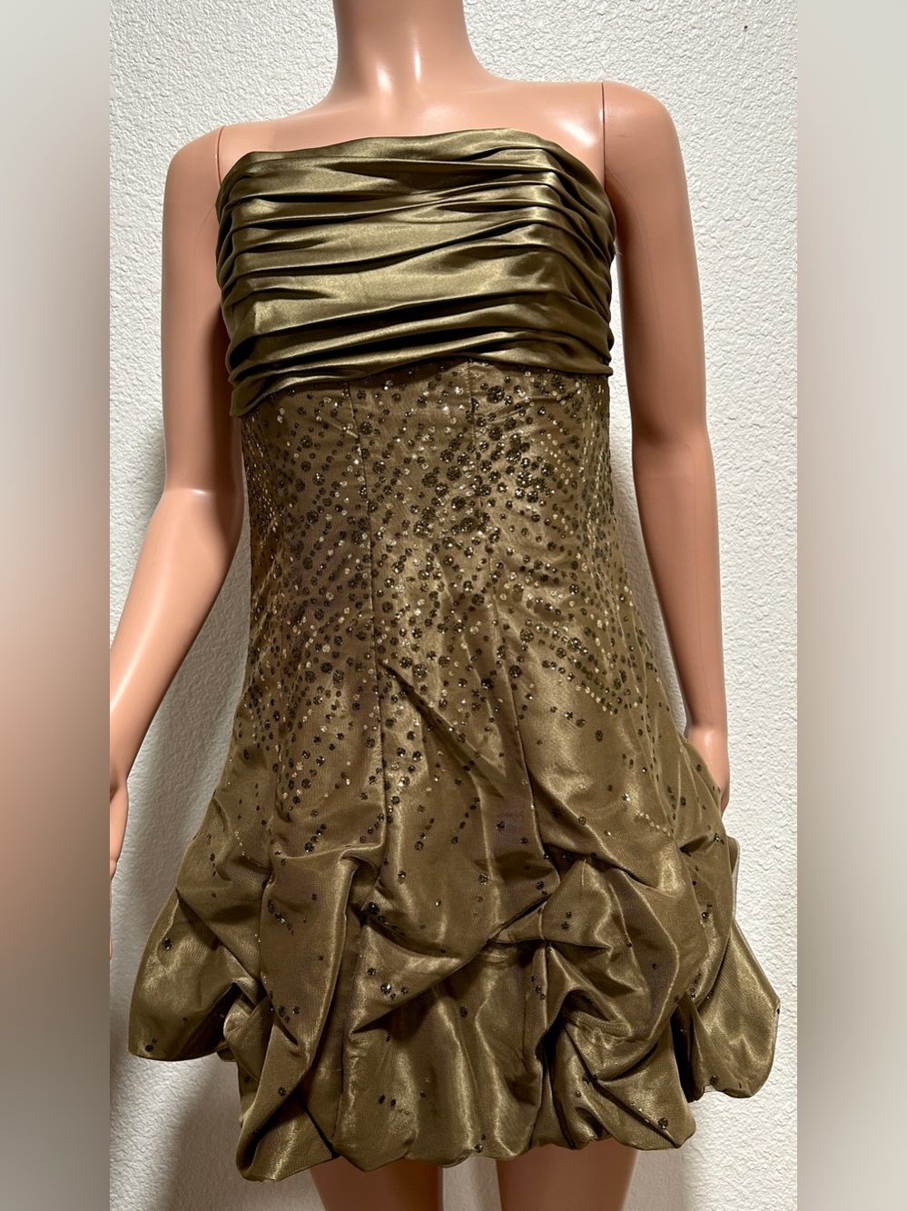 Jessica McClintock Olive Strapless Ruched Bubble Hem Dress
